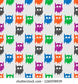 flat seamless pattern with colorful funny owls