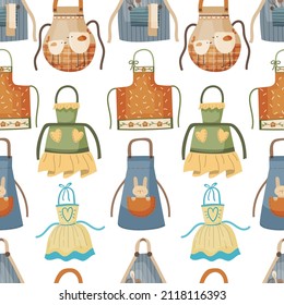 Flat seamless pattern of cooking aprons in cartoon, hand-drawn style.