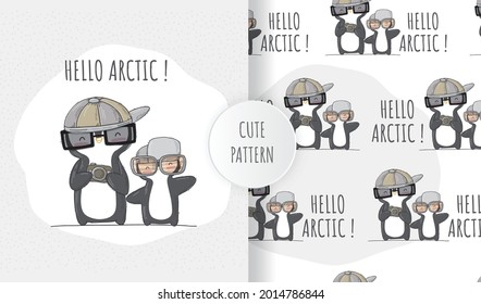 Flat seamless pattern cute animal happy camera