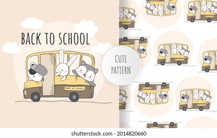 Flat seamless pattern cute animal on the school bus