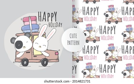 Flat seamless pattern cute animal in car holiday