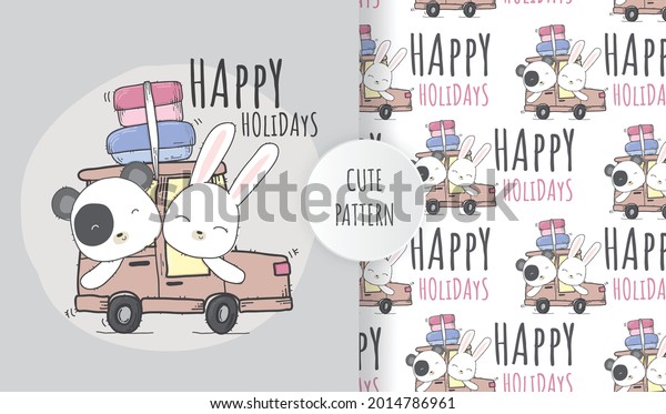 Flat seamless\
pattern cute animal in car\
holiday