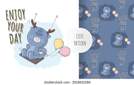 Flat seamless pattern cute baby dino illustration with seamless pattern
