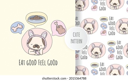 Flat seamless pattern cute puppies and foods