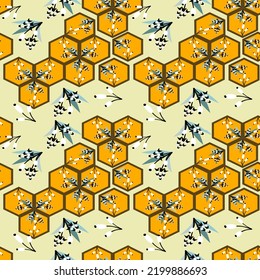 Flat, seamless pattern design of hexagonal graphic looks like a honeycomb in soft yellow and dark brown color and small flowers. Tile, paper or fabric style.