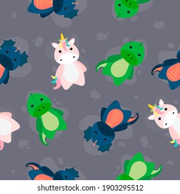 Flat seamless pattern with dinosaurs and unicorn. Perfect for kids fabric, textile, nursery wallpaper. Cute dino and 
unicorn design. Vector illustration.