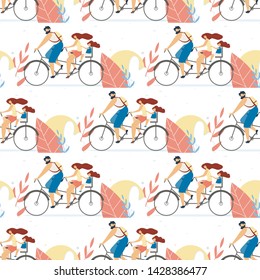 Flat Seamless Pattern with Family on Tandem Bike. Father, Mother with Daughter Riding Bicycle. Happy Family. Spending Active Time Together. Parents Day. Vector Illustration. Flat Natural Background