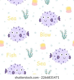 flat seamless pattern of fugu pufferfish on underwater background, vector illustration in cartoon style