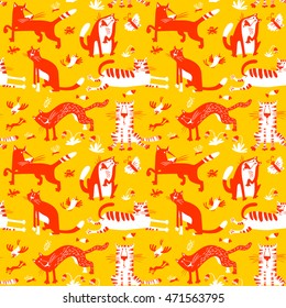 Flat seamless pattern with funny cats. Vector background in children's minimalistic style with floral design elements.fish,  birds, butterfly, frogs and insects. Yellow, red and white colors