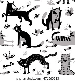 Flat seamless pattern with funny cats. Vector background in children's minimalistic style with floral design elements.fish, butterfly, birds, frogs and insects. Black, grey and white colors