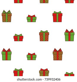 flat seamless pattern with gifts. red and green present boxes with outline on white background. vector Illustration. holiday shopping wallpaper. good for paper, textile and wrapping