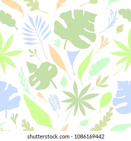 Flat Seamless pattern from hand  draw silhouette of  tropic leaves colorful on white for creative design package of  cosmetic or  perfume or for design of  botanical theme