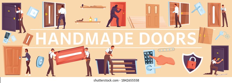 Flat seamless pattern with handmade doors locks handles and people in different situations vector illustration