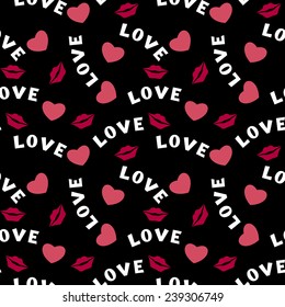 Flat Seamless pattern with hearts lips  and inscription love on black for design different things