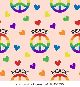 Flat seamless pattern with hearts and peace symbol in rainbow colors supporting LGBTQ community. Peaceful and equality concept. Vector hand drawn illustration for Pride month