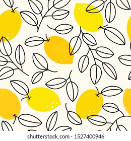 A flat seamless pattern with lemons and line art leaves. 