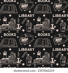 Flat seamless pattern with library related items. White isolated books, bookshelf and coffee cup on black chalkboard. Minimalistic sketch hand drawn design. Ideal for decoration, textile, wrapping