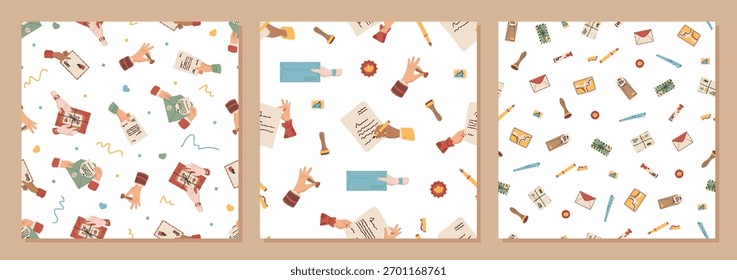 Conjunto de correspondência padrão sem emenda plana com carta, envelope, carimbo, cartão, papel, nota manuscrita e caneta. Disposição de correio padrão sem costura em estilo plano para correspondência, papelaria, criativo