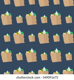 flat seamless pattern paper bag with food products, supermarket