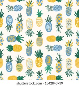 Flat seamless pattern with pineapples of various texture on white background. Backdrop with exotic tropical fresh juicy fruits. Colorful vector illustration in modern doodle style for textile print.