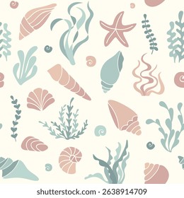 Flat seamless pattern of sea shells and seaweed in modern pastel colors. Ideal for textile, wrapping paper, branding, kids decor, holiday stationery, summer themed products
