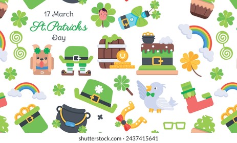 A flat seamless pattern showing irish theme elements, lucky charms, clover leaves and gold coins 