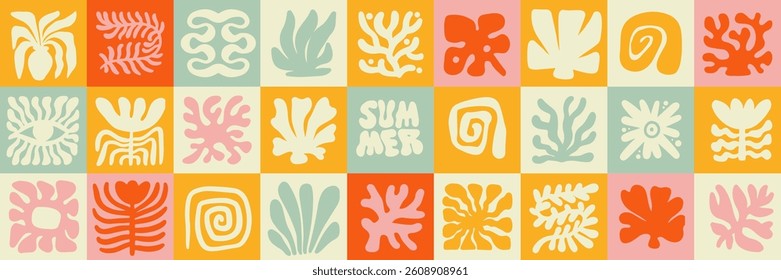 Flat seamless pattern in simple floral wavy and groovy naive style, ocean and vacation theme, flowers and plants, floral botanic hand drawn design templates, modern hand drawn art prints. Vector