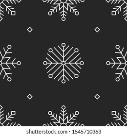 Flat seamless pattern with snowflakes drawing. Black and white line art. Vector illustration snow