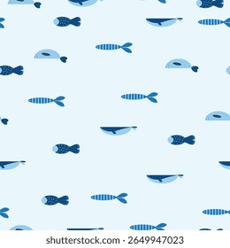 Flat seamless pattern with stylized marine fish of various shapes, sizes, and markings—spots, stripes, solids. Set in calming blue tones on a light blue background. Ideal for packaging, fabric