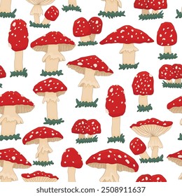 Patrón plano sin fisuras de la tapa de la muerte tóxica de la amanita en el fondo blanco. Vector de dibujos animados dibujado a mano ilustración sin fin de hongos infantiles que se pueden utilizar para la tela o la materia textil