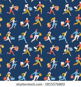 Flat seamless pattern of trendy running girls an boys carrying shopping bags. Black groday sake concept for banner decor. Man and woman shoppers