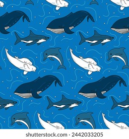 Flat seamless pattern with underwater animals. Contour sketchy animals beluga, dolphin, shark, whale on blue background. Trendy childish print design for textile, wallpaper, wrapping