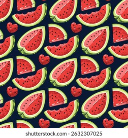 Flat Seamless Pattern with Watermelon Slices. Bright Summer Fruit Design for Backgrounds Packaging and Food Graphics