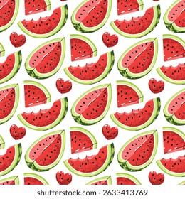 Flat Seamless Pattern with Watermelon Slices. Bright Summer Fruit Design for Backgrounds Packaging and Food Graphics