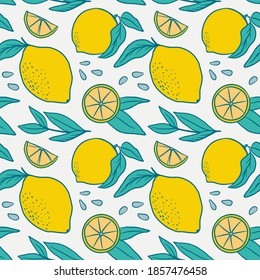 Flat seamless pattern with yellow lemons. Fruit vector pattern on white background. Perfect for fabric, clothes, wallpaper, wrap paper