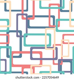 A flat seamless rectangle pattern that includes various overlapping rectangles in different colours.  Pastel colored simple shapes graphic seamless pattern. Abstract mosaic artwork.