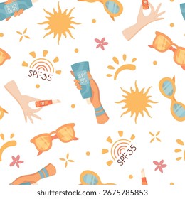 Botella de protector solar sin costura plana y patrón de tubo de crema. SPF sunblock puesta de sol, sostener gafas de sol, producto cosmético de la piel para el cuidado del sol de verano. Patrón para conjunto cosmético plano y protección de la piel.