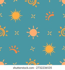 Flat seamless sunscreen bottle sun pattern. Seamless pattern with sunblock, lotion, cream, SPF and protection logo. Background for cosmetic product, summer, flat style, skincare theme.