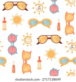 Flat seamless sunscreen bottle sunglasses background, spf sun and sunblock, cosmetic lotion cream repeat pattern. Seamless pattern for summer skincare, body care, fabric, wallpaper, or cosmetic