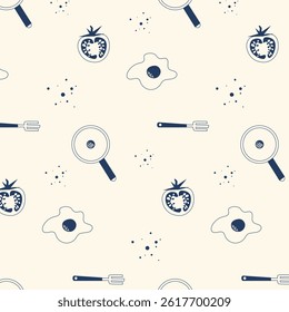 Flat seamless vector kitchen pattern with eggs, tomato halves, frying pans, and forks in modern outline style. Perfect for food-related backgrounds, culinary textiles, or wrapping design