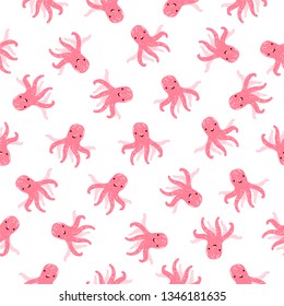 Flat seamless vector pattern of doodle octopus on white background