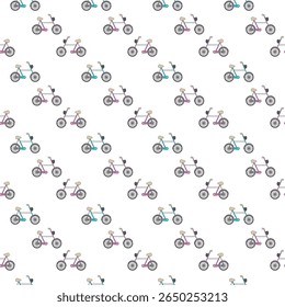 Padrão de vetor sem emenda plana com bicicletas infantis de cor pastel em tons rosas e azuis. Ideal para projetos com temas infantis, imagens de transporte ecológico, impressões têxteis, papel de embrulho, fundos para girar