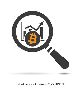 flat search icon of bitcoin cryptocurrency graph going up