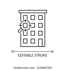 Flat search services linear icon. Help to find dwelling. Rent apartment and housing unit. Real estate. Thin line illustration. Contour symbol. Vector outline drawing. Editable stroke. Arial font used