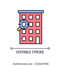 Flat search services RGB color icon. Help to find dwelling. Rent apartment and housing unit. Real estate. Isolated vector illustration. Simple filled line drawing. Editable stroke. Arial font used