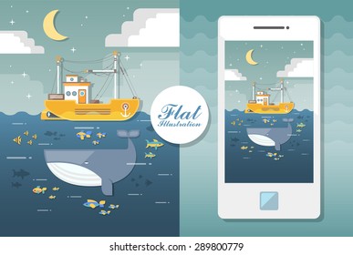 flat seascape with boat and whale