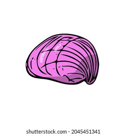 Flat seashell, hand-drawn sea symbol. Fossil conch painted by ink, pen. Line, colored doodle, minimalism. Simple sketchy icon. Isolated. Vector illustration.