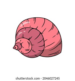 Flat seashell, hand-drawn sea symbol. Fossil conch painted by ink, pen. Line, colored doodle, minimalism. Simple sketchy icon. Isolated. Vector illustration.