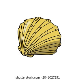 Flat seashell, hand-drawn sea symbol. Fossil conch painted by ink, pen. Line, colored doodle, minimalism. Simple sketchy icon. Isolated. Vector illustration.