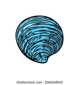 Flat seashell, hand-drawn sea symbol. Fossil conch painted by ink, pen. Line, colored doodle, minimalism. Simple sketchy icon. Isolated. Vector illustration.